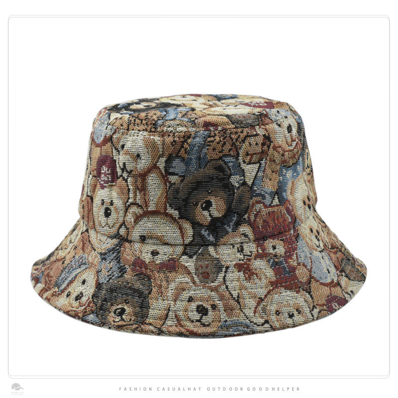 Cute Bear Jacquard Flat Bucket Hat Children Summer Fashion All-matching Sun-proof Bucket Hat